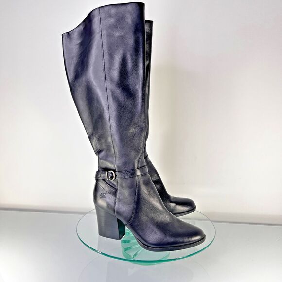 Born Esla Knee High Leather Boot Black Tall F70603 Buckle Strap - Picture 1 of 12